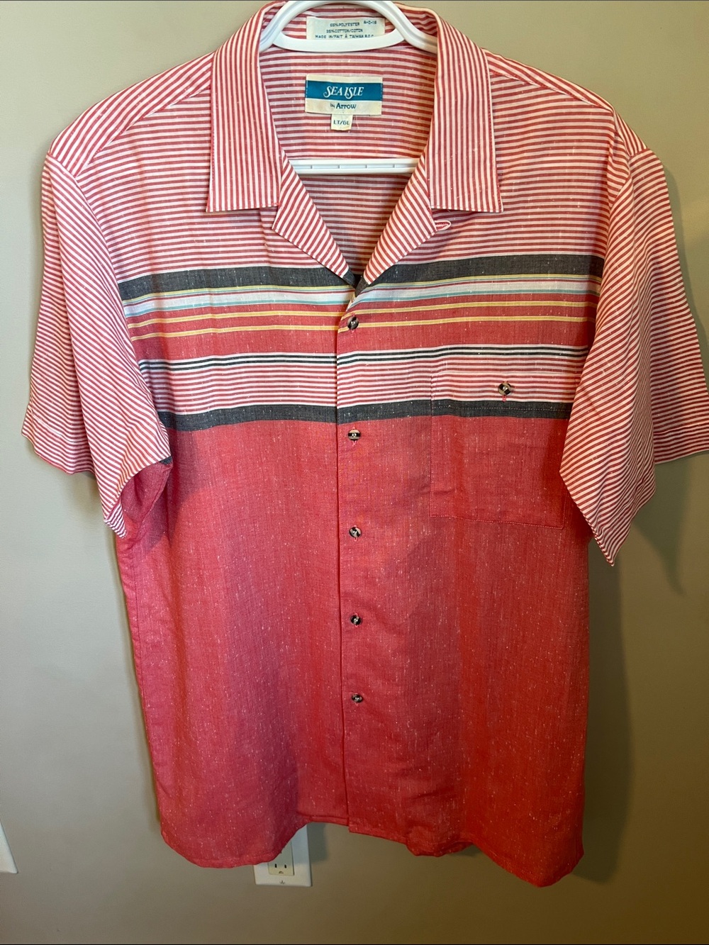 Vintages 70s Arrow Sea Isle Camp Button Up Shirt Mens Large Pink Loop Collar